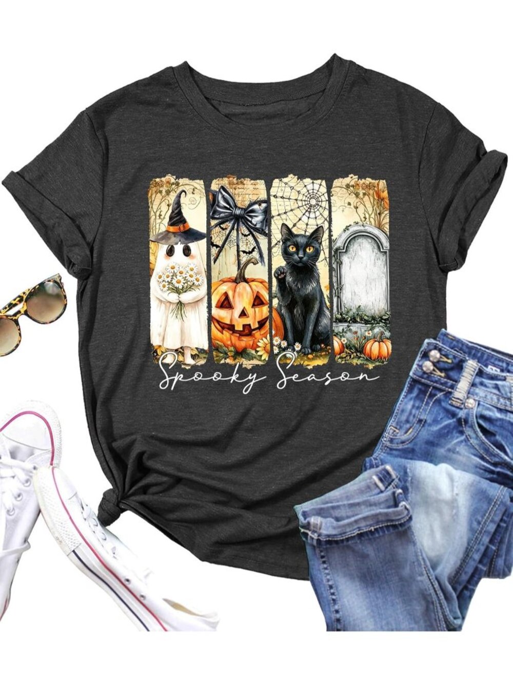 🆕 Womens Spooky Season Ghost Pumpkin Black Cat Gray Short Sleeve Casual Tee